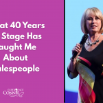 Promotional banner: purple panel with white title about 40 years on stage, beside a photo of a woman speaking on stage with a microphone.