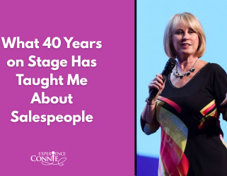 Promotional banner: purple panel with white title about 40 years on stage, beside a photo of a woman speaking on stage with a microphone.