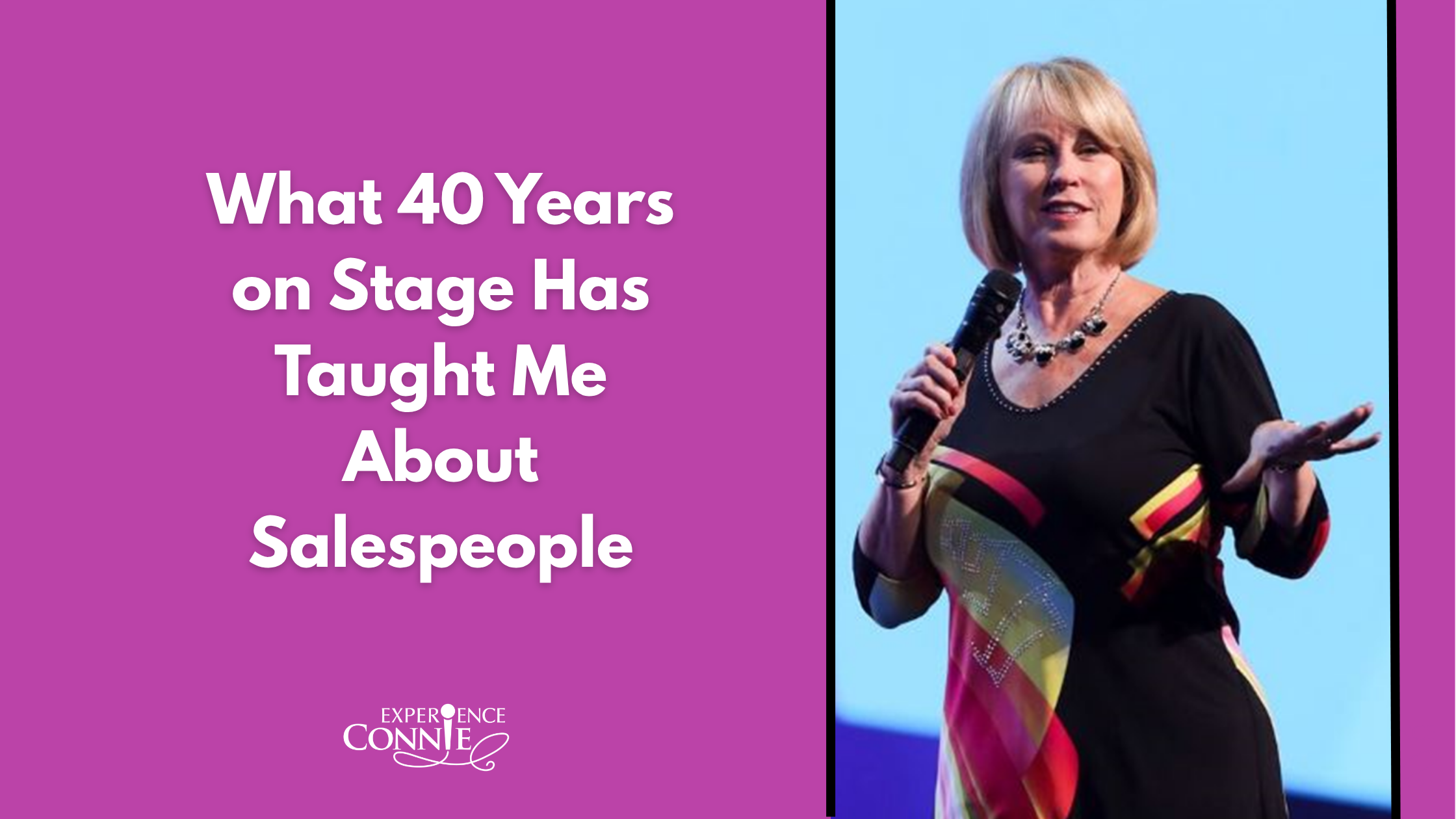 Promotional banner: purple panel with white title about 40 years on stage, beside a photo of a woman speaking on stage with a microphone.